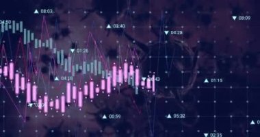 Animation of data processing over covid 19 virus cells. Global covid 19 pandemic, computing and data processing concept digitally generated video.