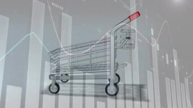 Animation of data processing over shopping cart. Shopping, retail and digital interface concept digitally generated video.