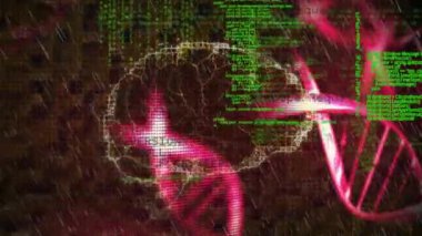 Animation of data processing over human brain icon and dna structures spinning on black background. Medical research and business technology concept