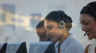 Animation of business people using phone headsets over security chain and connections. Global business, computing, connections and data processing concept digitally generated video.
