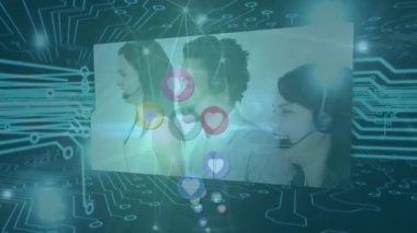 Animation of digital icons with network of connections over businesswoman. Global business, finance, networks and data processing concept digitally generated video.