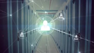 Animation of icons connected with lines and lens flares against server room in background. Digital composite, multiple exposure, illuminated, communication, abstract, technology and network server.