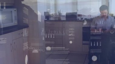 Animation of financial data processing over disabled man using smartphone. Global business, finance, computing and data processing concept digitally generated video.