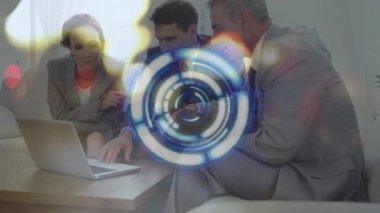 Animation of neon round scanner and spots of light over diverse businesspeople discussing at office. Computer interface and business technology concept