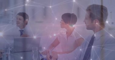 Animation of connected dots, buildings, diverse coworkers sharing ideas in meeting. Digital composite, multiple exposure, globalization, communication, city, business, teamwork and technology.