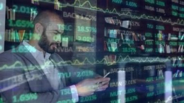 Animation of financial data processing over biracial businessman using smartphone at the airport. Global finance and business technology concept