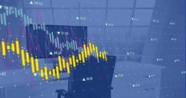 Animation of trading board and graph over desktops and keyboards on desk at office. Digital composite, multiple exposure, report, finance, stock market, investment, business and technology concept.