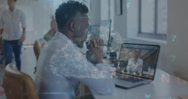 Animation of online security padlock and data processing over biracial businessman in office. Global business, finance, computing and data processing concept digitally generated video.