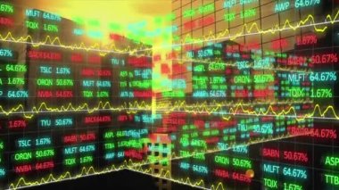 Animation of financial and business data processing over cityscape. Global finances, business, connections and data processing concept digitally generated video.