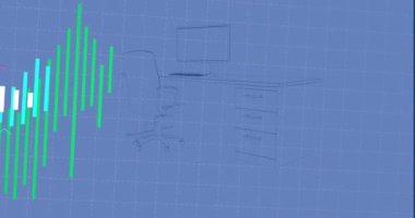 Animation of data processing over desk in office. Global business, finances, computing, networks and data processing concept digitally generated video.