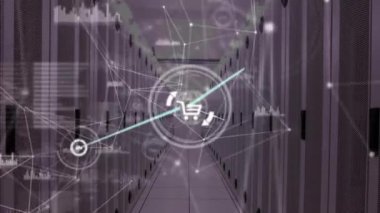 Animation of network of connections with icons and data processing over server room. Global connections, technology and digital interface concept digitally generated video.