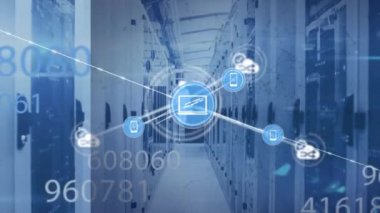 Animation of connected icons and increasing numbers with bars against server room. Digital composite, multiple exposure, communication, abstract, networking, technology and network server concept.