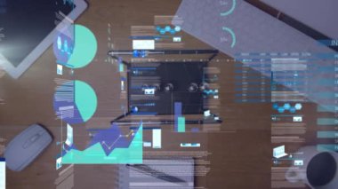 Animation of statistics and data processing over cardboard box. Global business digital interface and data processing concept digitally generated video.