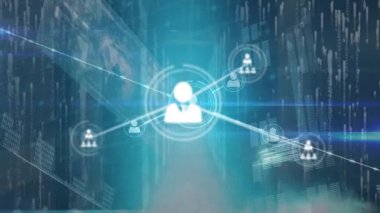 Animation of network of connections with icons and data processing on black background. Global connections, technology and digital interface concept digitally generated video.