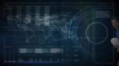 Animation of computer data processing over rugby player. Global sports, computing and data processing concept digitally generated video.