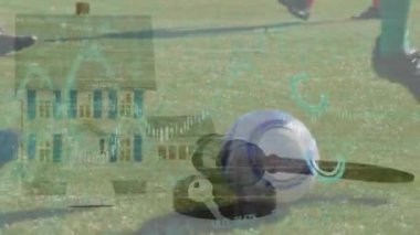 Animation of financial data processing over football players. Global sports, finance, computing, connections and data processing concept digitally generated video.