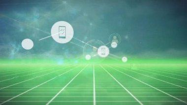 Animation of network of connections with icons over shapes and clouds. Global business and digital interface concept digitally generated video.