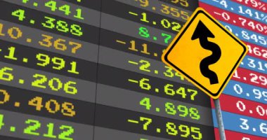 Animation of financial data processing and yellow road sign with arrow. Global business, finances, computing and data processing concept digitally generated video.