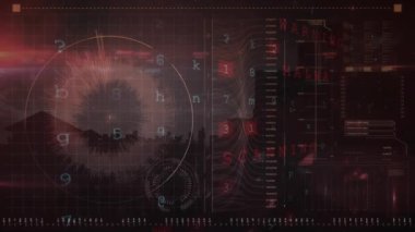 Animation of abstract pattern in circle with multiple texts and alphabets and loading bars. Digitally generated, hologram, password, security, progress, encryption and technology concept.