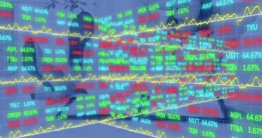 Animation of financial data processing over office. Global business, finance, computing and data processing concept digitally generated video.