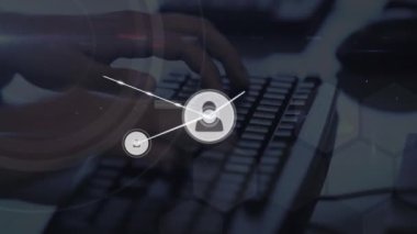 Animation of network of connections and hands using computer over data processing. Global business and digital interface concept digitally generated video.