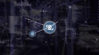 Sunucu odasındaki simgeler ve veri işleme ağı animasyonu. küresel bağlantılar, bilgisayar ve dijital arayüz konsepti dijital olarak oluşturulmuş video.