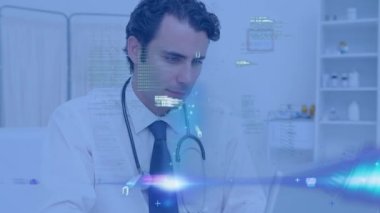 Animation of data processing against caucasian male doctor using computer at hospital. Medical healthcare technology concept