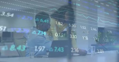Animation of financial data processing over diverse business people discussing in office. Global business, finance, computing and data processing concept digitally generated video.