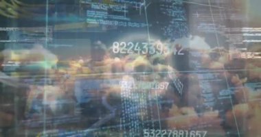 Animation of scope scanning and data processing over server and sky with clouds. Global technology, computing and digital interface concept digitally generated video.