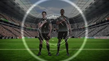 Animation of data processing over diverse rugby players at stadium. Global sports, connections, computing and data processing concept digitally generated video.