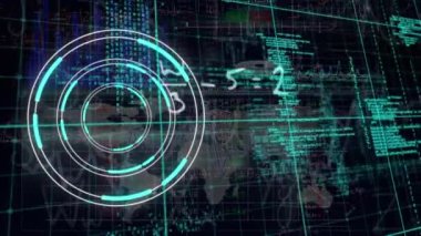 Animation of neon round scanner, data processing and mathematical equations on black background. Computer interface and business technology concept