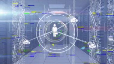 Animation of network of connections with icons and data processing over computer servers. Global connections, business, finance, computing and data processing concept digitally generated video.