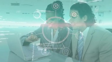 Animation of data processing over globe and diverse business people talking in office. Global business and digital interface concept digitally generated video.