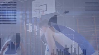 Animation of statistics and data processing over basketball players. Global sports, finance, computing, connections and data processing concept digitally generated video.