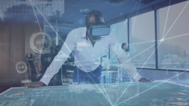 Animation of network of connections against african american businessman wearing vr headset. Global networking and business technology concept
