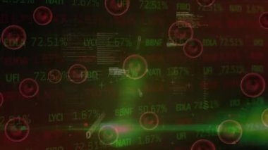 Animation of red particles over stock market data processing and green spots of light. Global economy and business technology concept