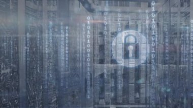 Animation of padlock icon with data processing over server room. Global technology, computing and digital interface concept digitally generated video.