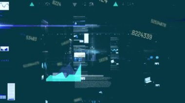 Animation of multiple changing numbers and statistical data processing against blue background. Business data technology concept