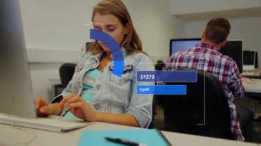 Animation of data processing over diverse people using computers. Global education, learning and digital interface concept digitally generated video.