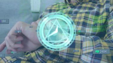 Animation of clock and social media icons over man using smartwatch. Global social media, business, finances, computing and data processing concept digitally generated video.