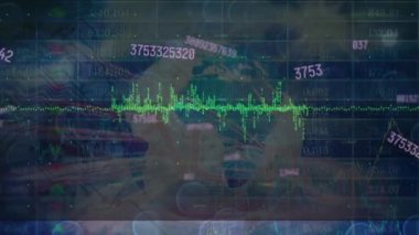 Animation of changing numbers and statistical data processing against globe on blue background. Computer interface and business data technology concept