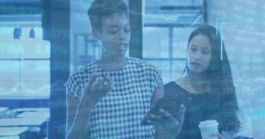 Animation of financial data processing with portraits over diverse business people working at office. Global finances, business and digital interface concept digitally generated video.