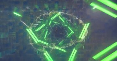 Animation of digital brain and shapes over neon tunnel. Abstract background, light, pattern and movement concept digitally generated video.