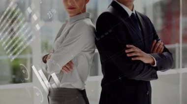 Animation of data processing over caucasian business people with arms crossed. Global business and digital interface concept digitally generated video.