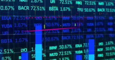 Animation of data processing and stock market over world map on blue background. Global business and digital interface concept digitally generated video.