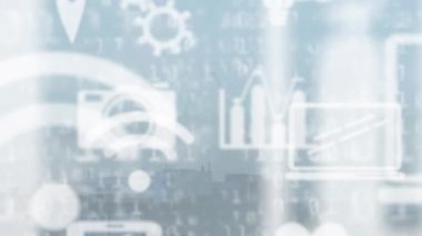 Animation of icons and binary coding, data processing over cityscape. Global connections, business, computing and data processing concept digitally generated video.