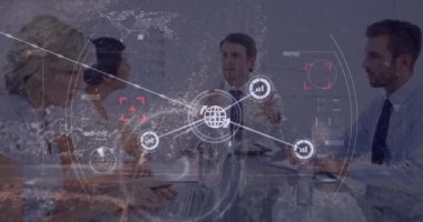 Animation of connected icons, map and aerial view of city, diverse coworkers discussing in meeting. Digital composite, multiple exposure, report, communication, teamwork and technology concept.
