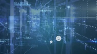Animation of data processing and icons over server room. Global business and digital interface concept digitally generated video.
