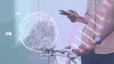 Animation of dna, globe and data processing over man using smartphone. Global finances, business, connections and data processing concept digitally generated video.