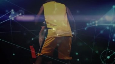 Animation of network of connections and data processing over basketball players. Global sports, networks and data processing concept digitally generated video.